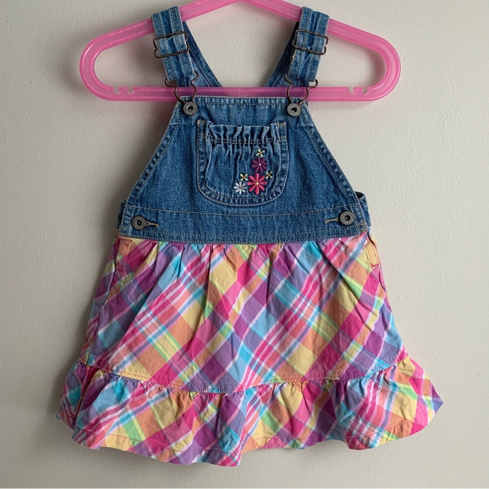 Oshkosh Denim Top Plaid Bottom Jumper Dress Sz 18 Months